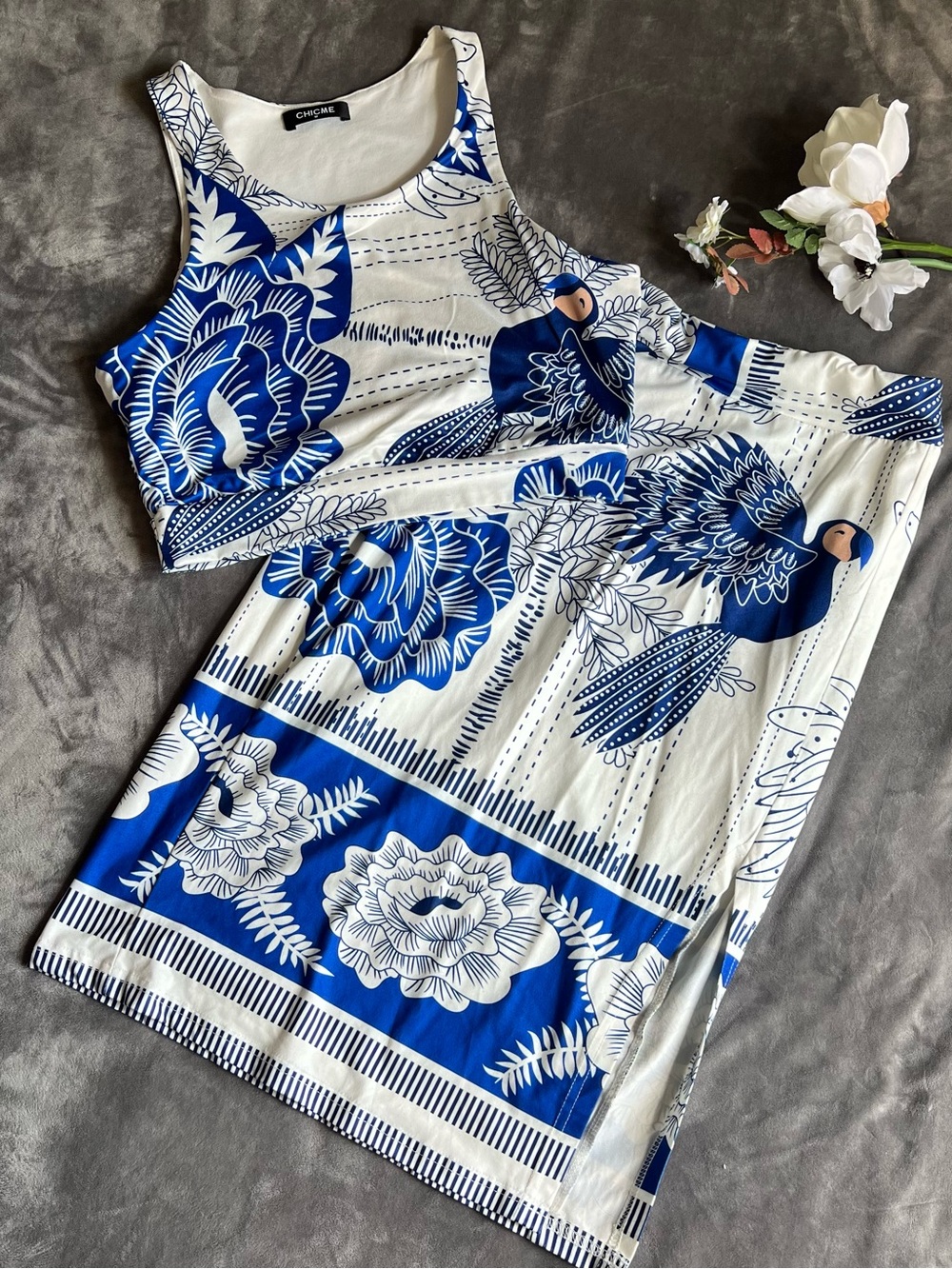 chicme White Dress with Royal Blue Botanical Print
